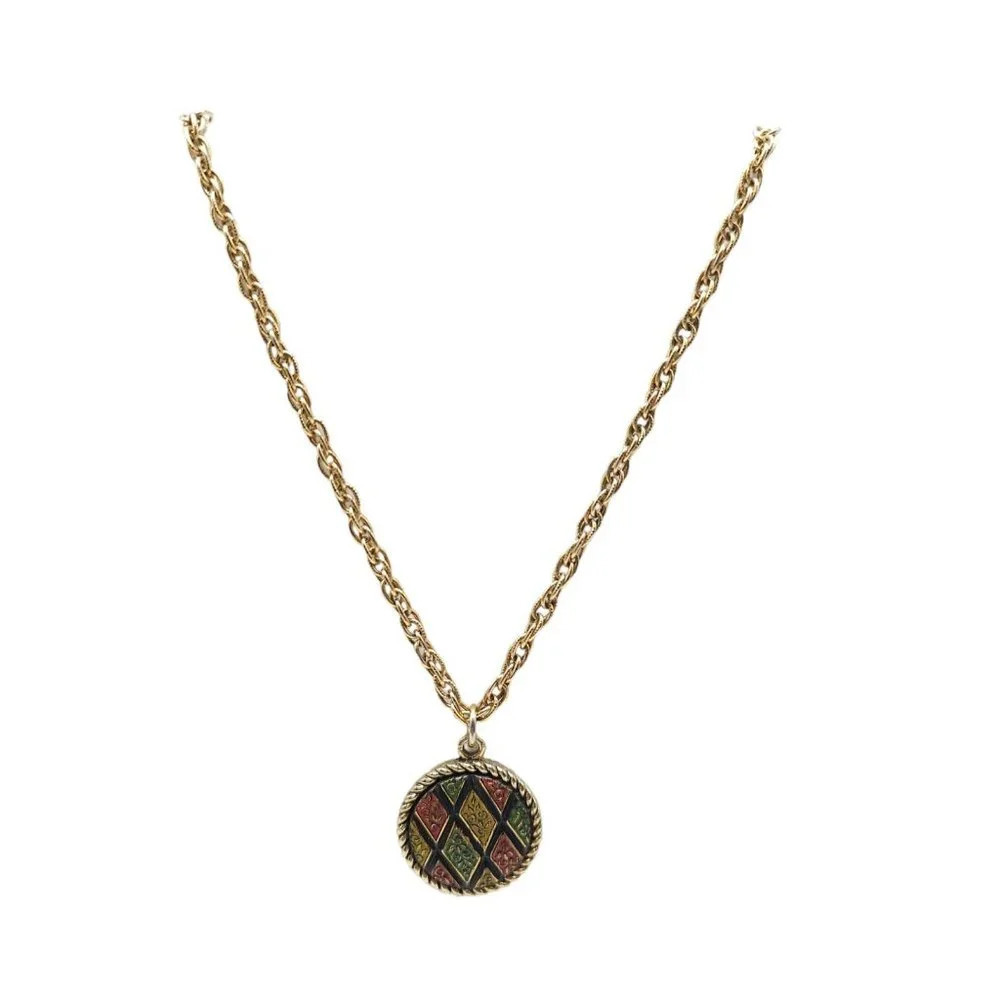 1970s Mosaic Enamel Diamond Pendant Sarah Coventry Necklace
